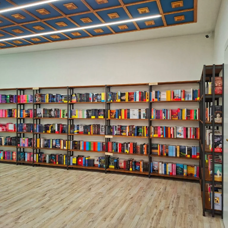 Scaffali di libri e soffitto decorato della libreria Parole Dorate