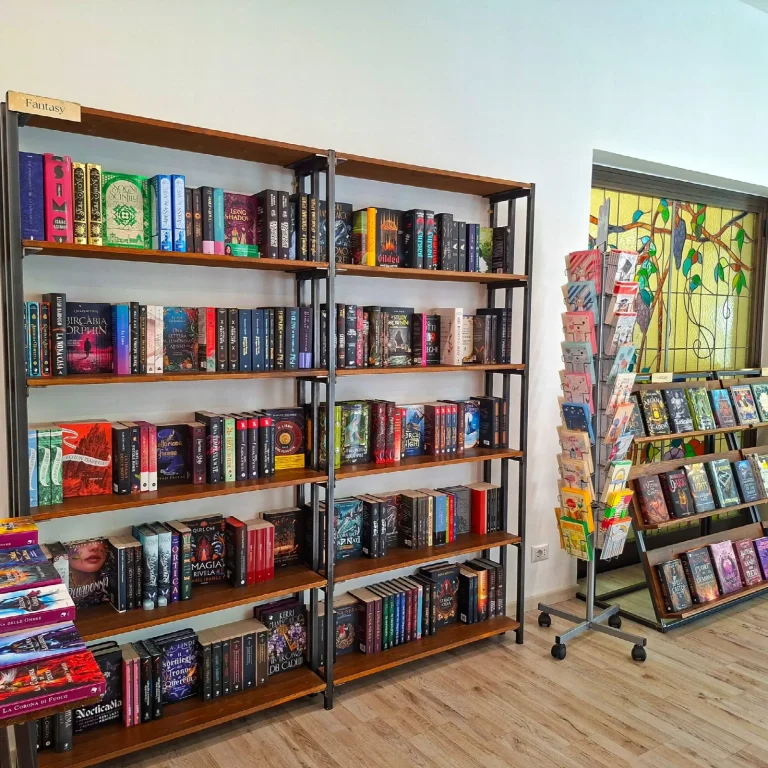 Scaffale Fantasy accanto alla vetrata della libreria